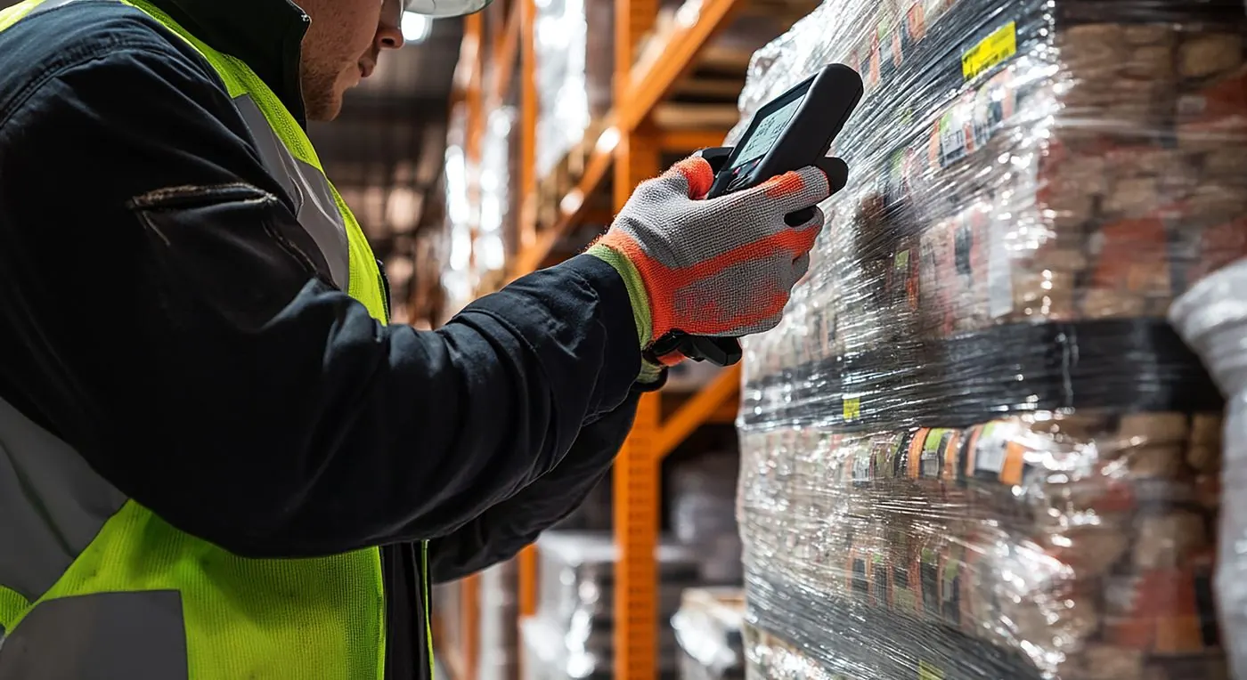 Worker scanning a wrapped pallet with a handheld mobile computer