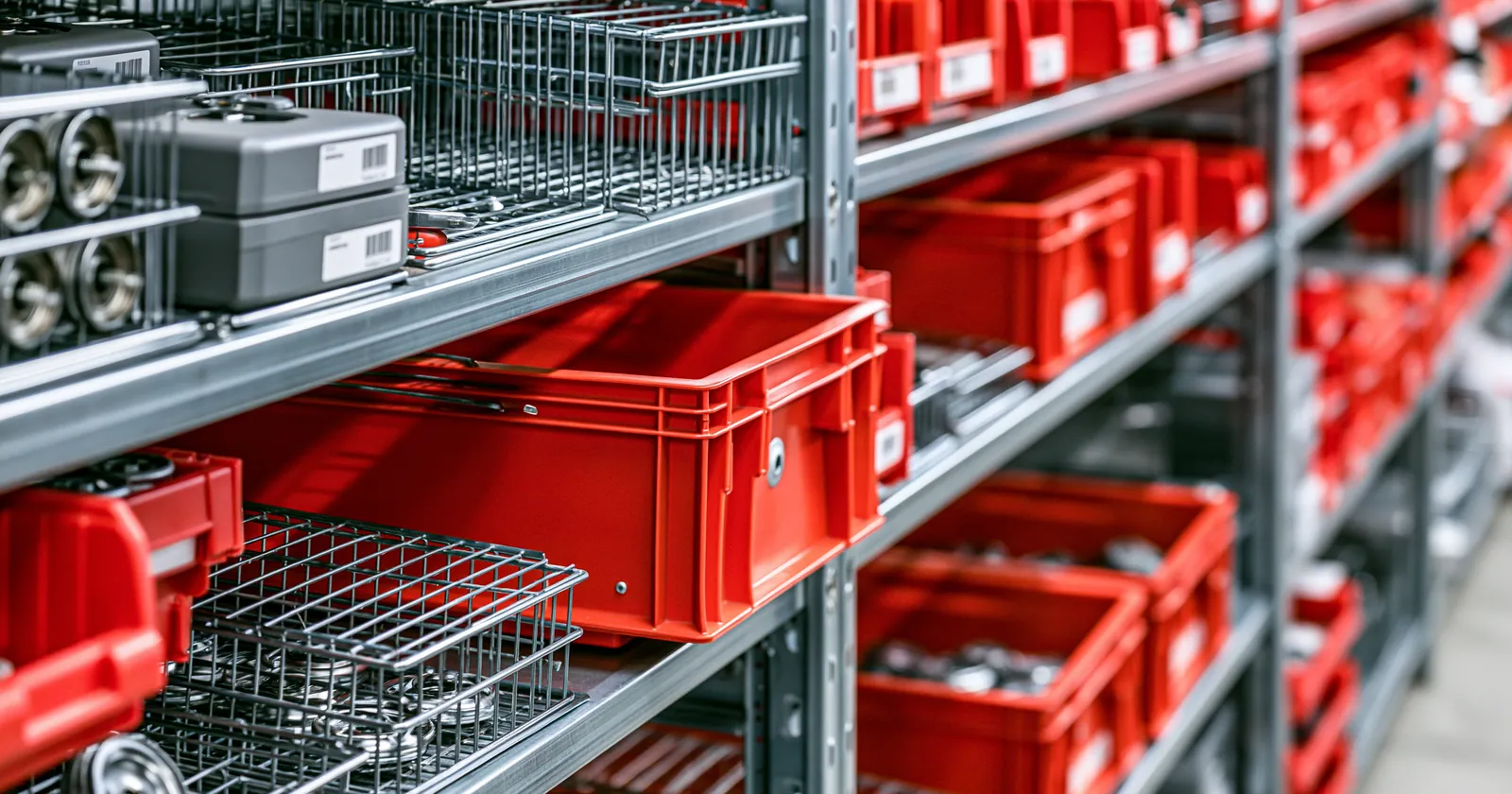 Warehouse shelving with red storage bins