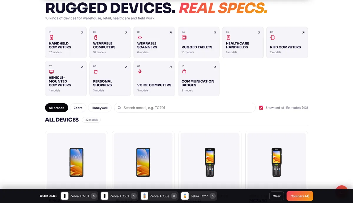 The Raptool device catalogue with device categories, brand filter and a compare bar at the bottom