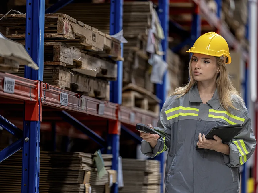 Worker in a hard hat checking stock items on warehouse shelves