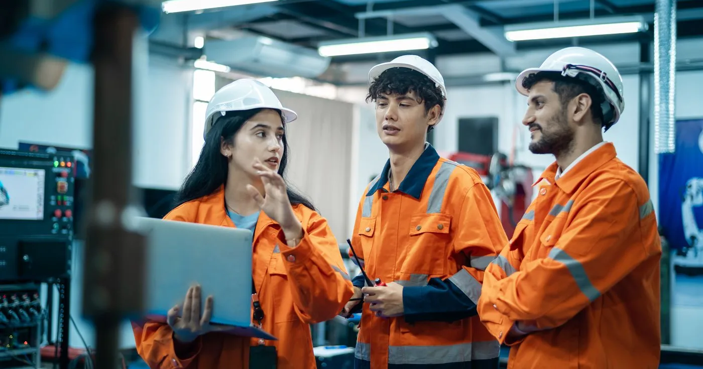 Field team reviewing customer details on a laptop