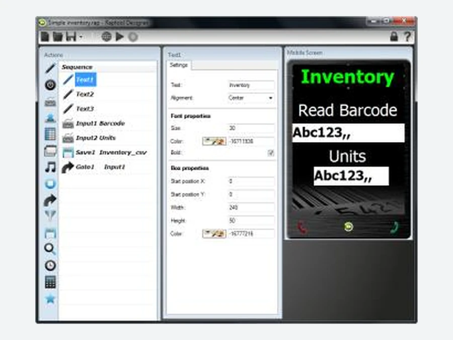 Archived Raptool Designer interface showing a function list, settings and an inventory screen preview