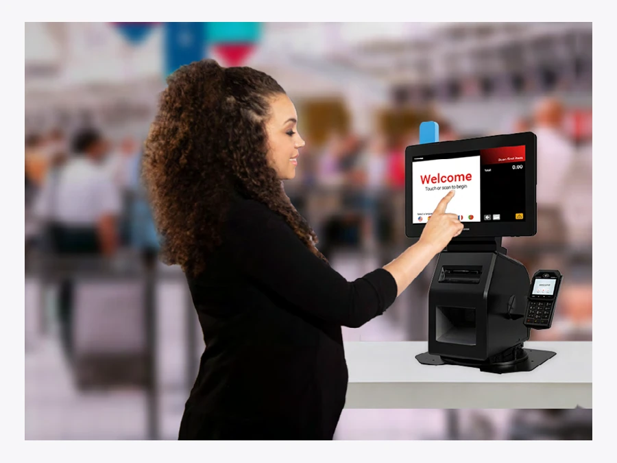 Toshiba manufacturer promotional photograph of Pro-X Hybrid Kiosk use