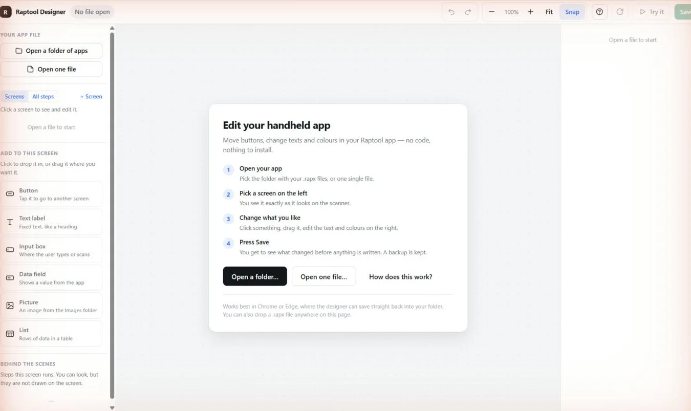 Raptool Designer editing a handheld app