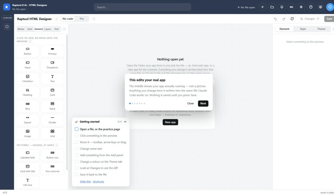 Raptool HTML Designer with the component list and the page canvas