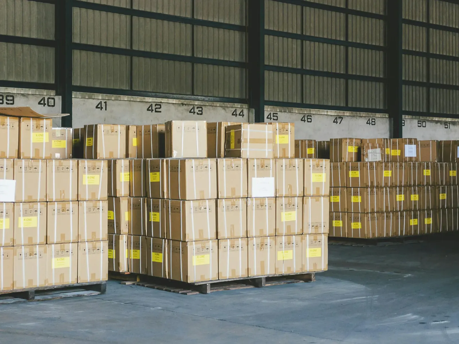 Pallets of labelled cartons on a warehouse floor