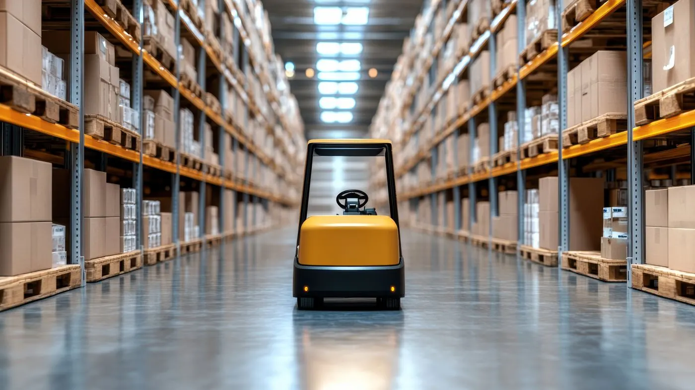 Forklift in a long warehouse aisle with high racking