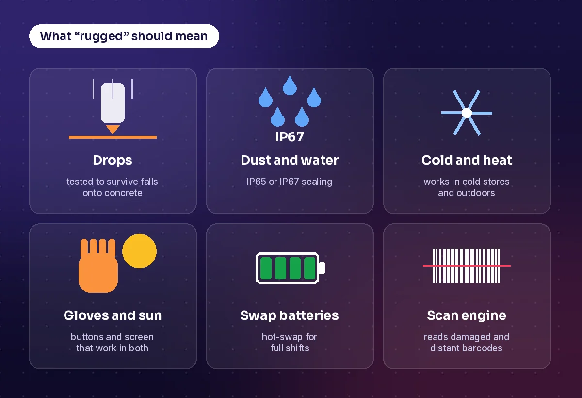 Six features of a rugged device: drop tested, IP65 or IP67 sealing, works in cold and heat, works with gloves and in sunlight, swappable batteries and a dedicated scan engine