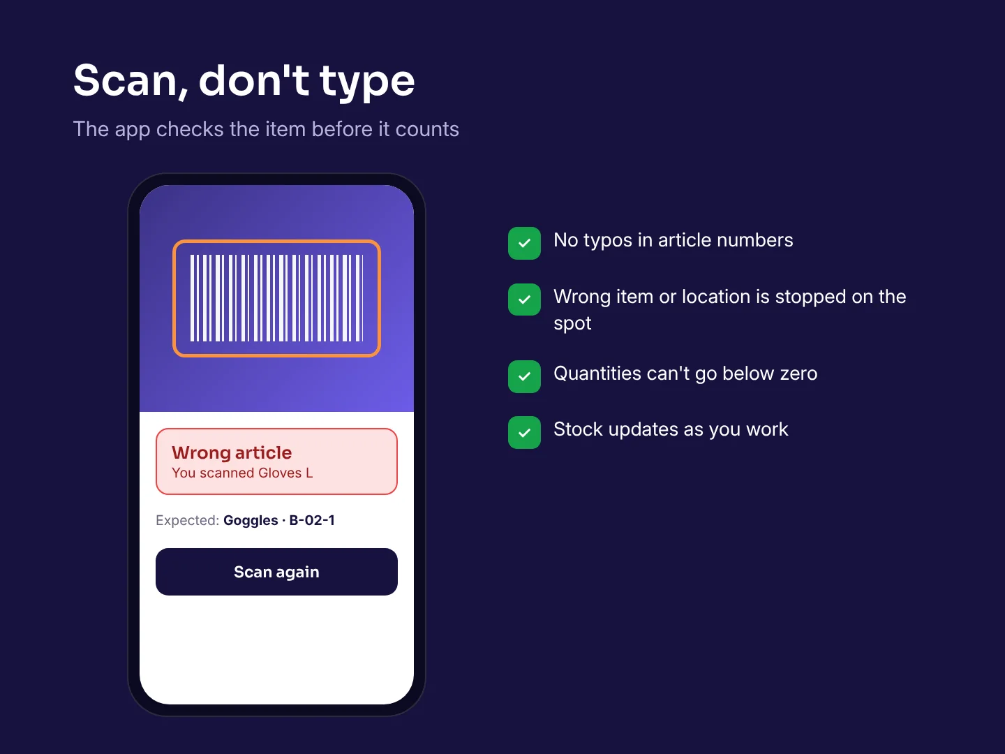 Phone app scanning a barcode and stopping a wrong article, with checks for typos, wrong locations and negative quantities