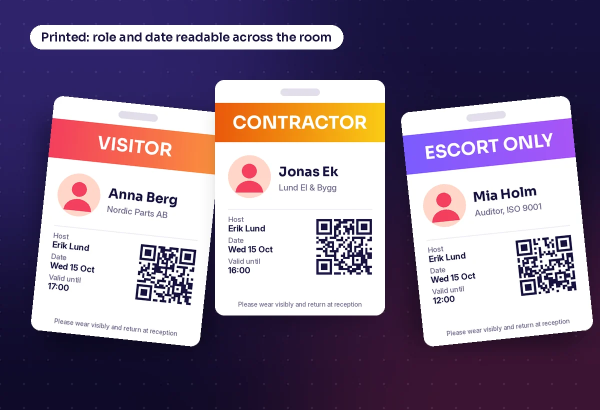 Three printed visitor badges with colour bands for visitor, contractor and escort only