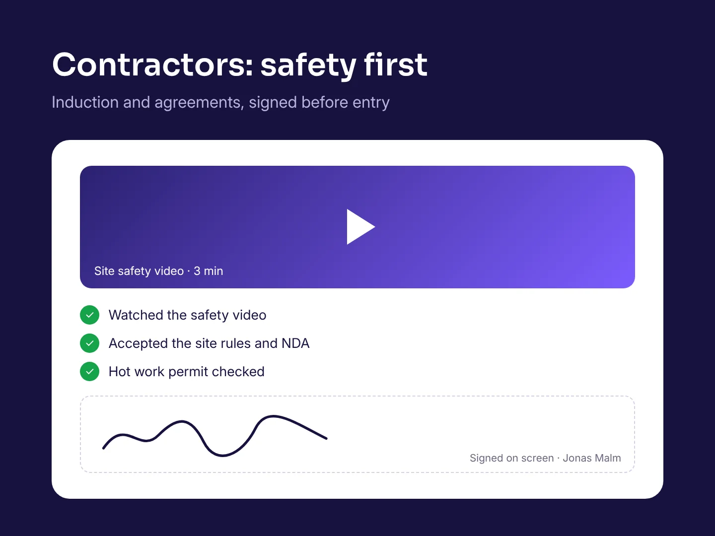 Contractor induction on a tablet with a safety video, accepted site rules and NDA, and a signature on screen