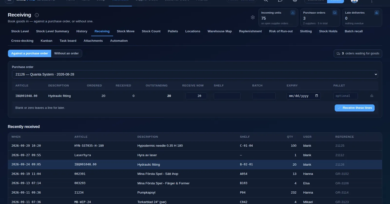 Raptool WMS receiving screen listing recently received lines