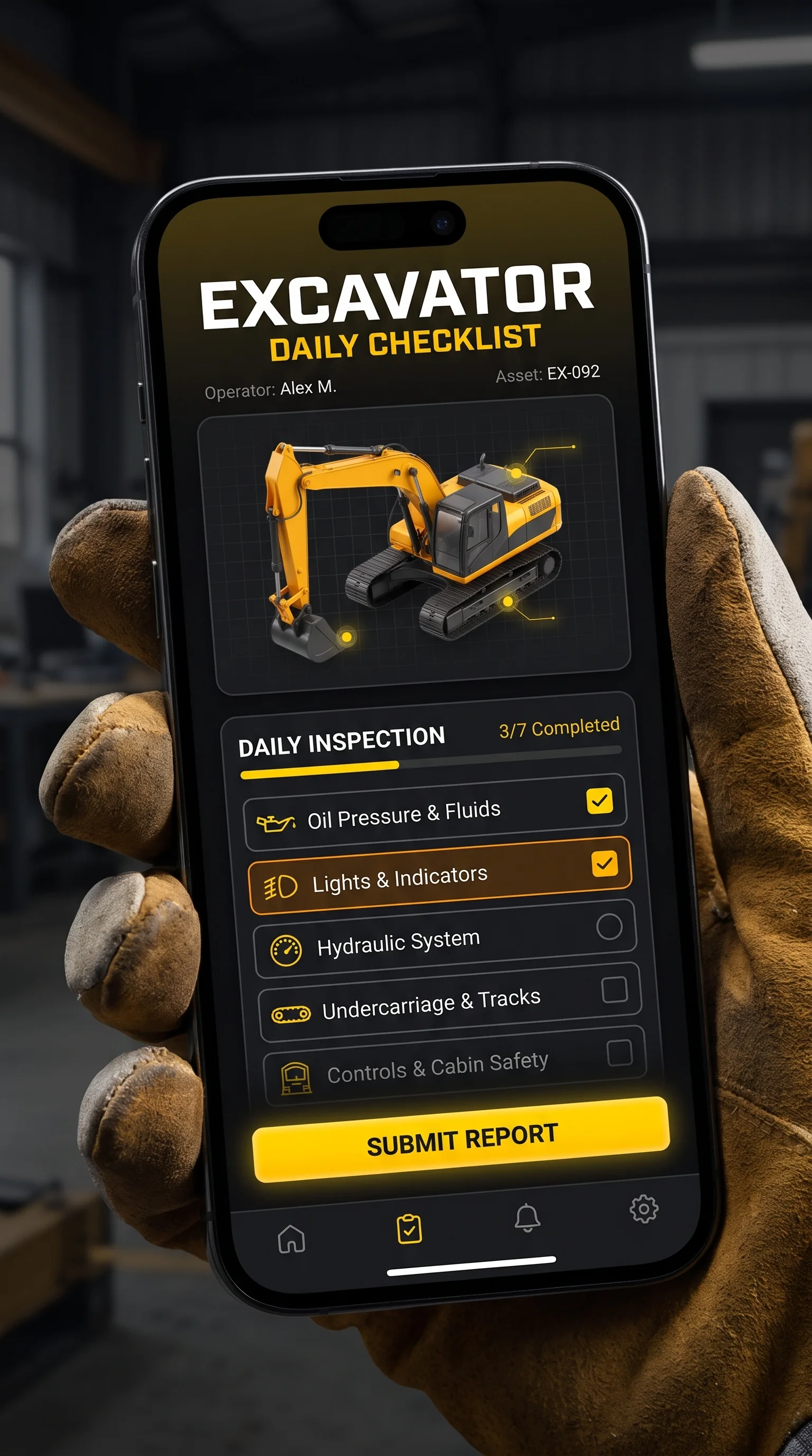 Gloved operator holding a phone with a dark yellow-accented excavator daily checklist