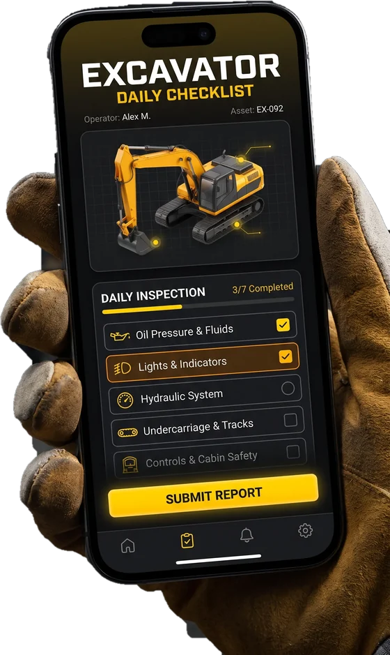 Gloved hand holding a phone with the excavator daily checklist