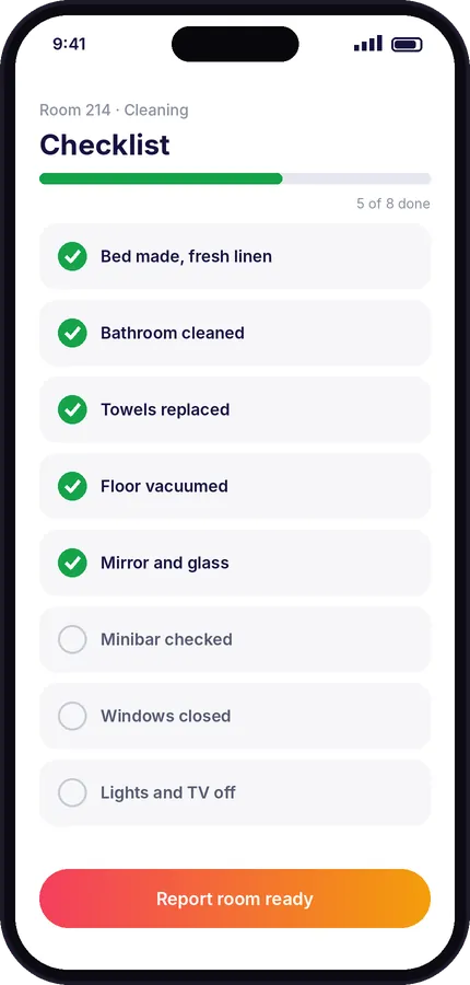 Room cleaning checklist in the Raptool app