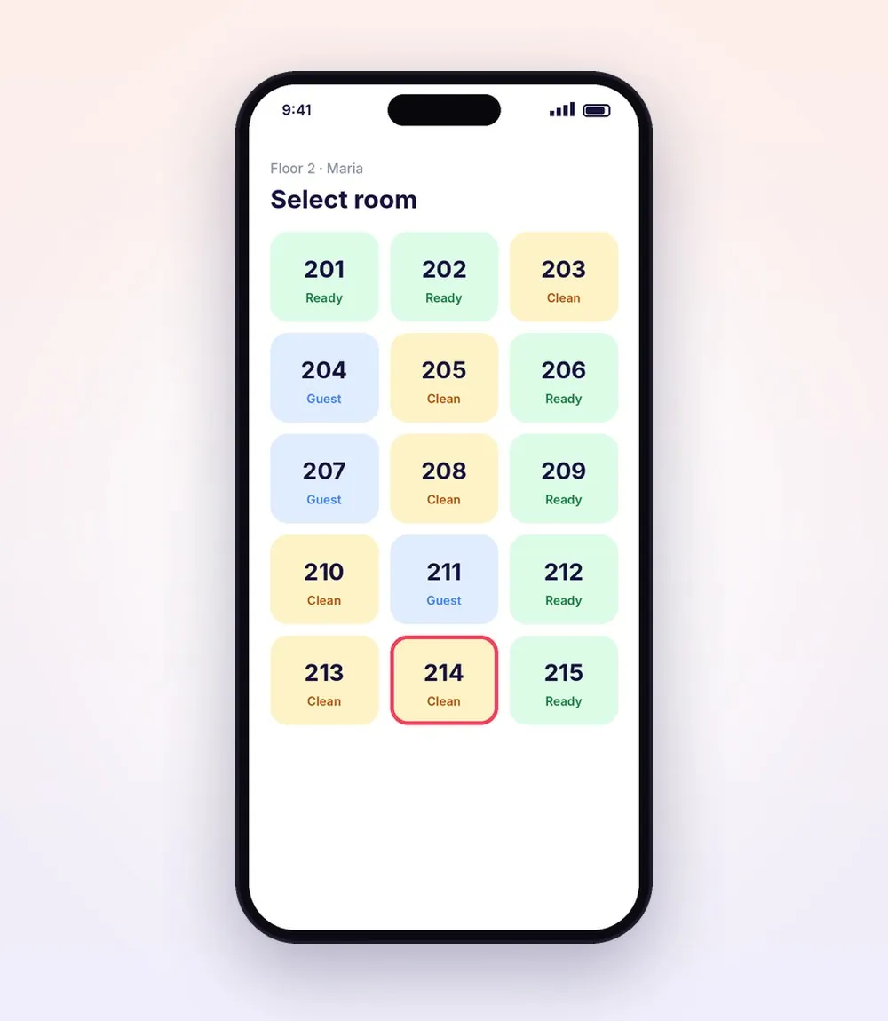 Select room screen with room status colours