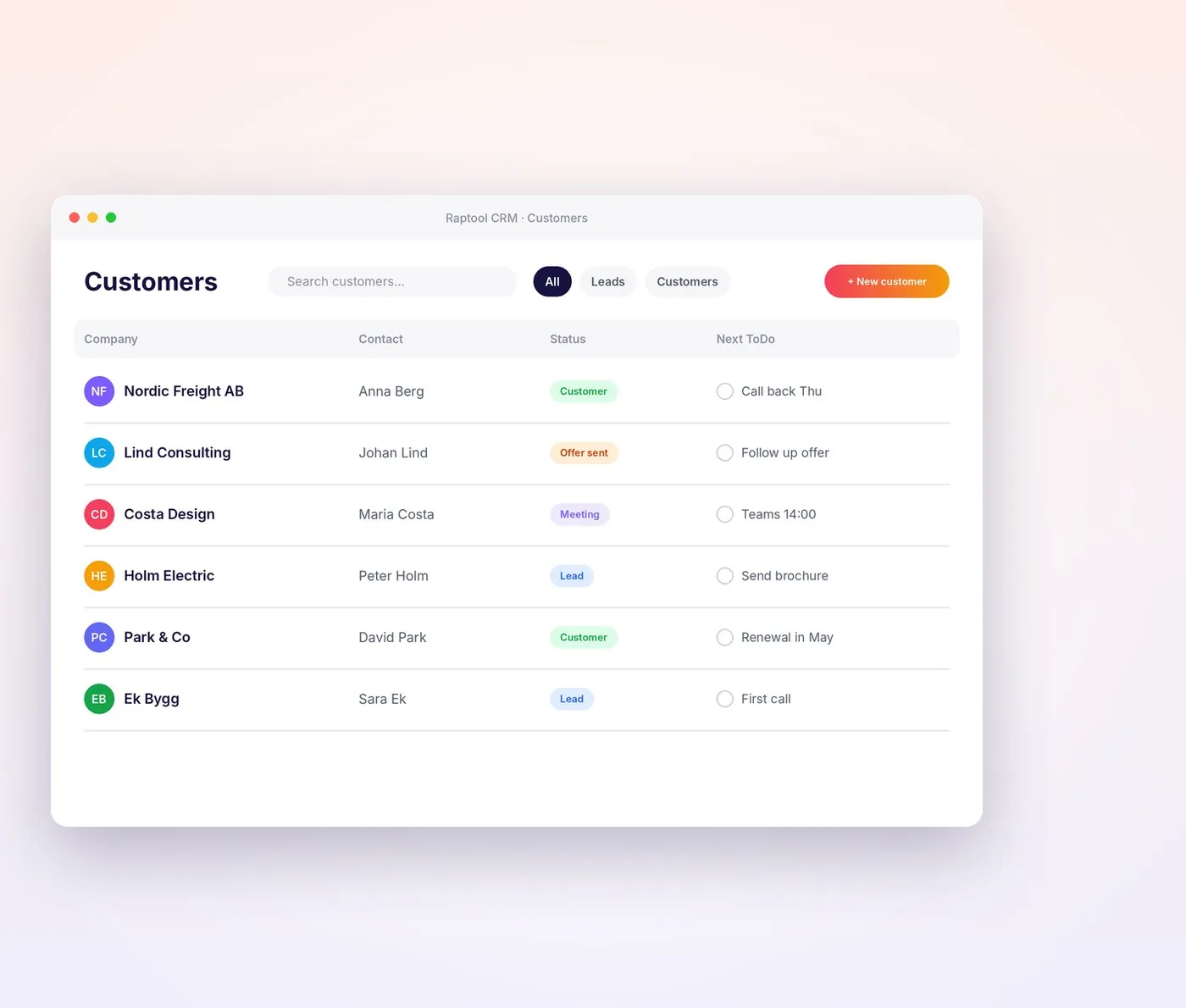 Raptool CRM Kundenliste mit Status und nächster Aufgabe