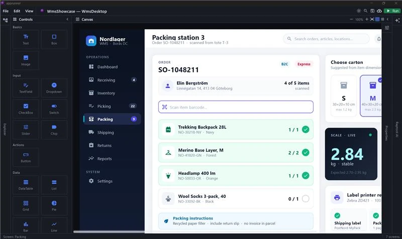Raptool 8 App Designer med en WMS-packskärm för dator