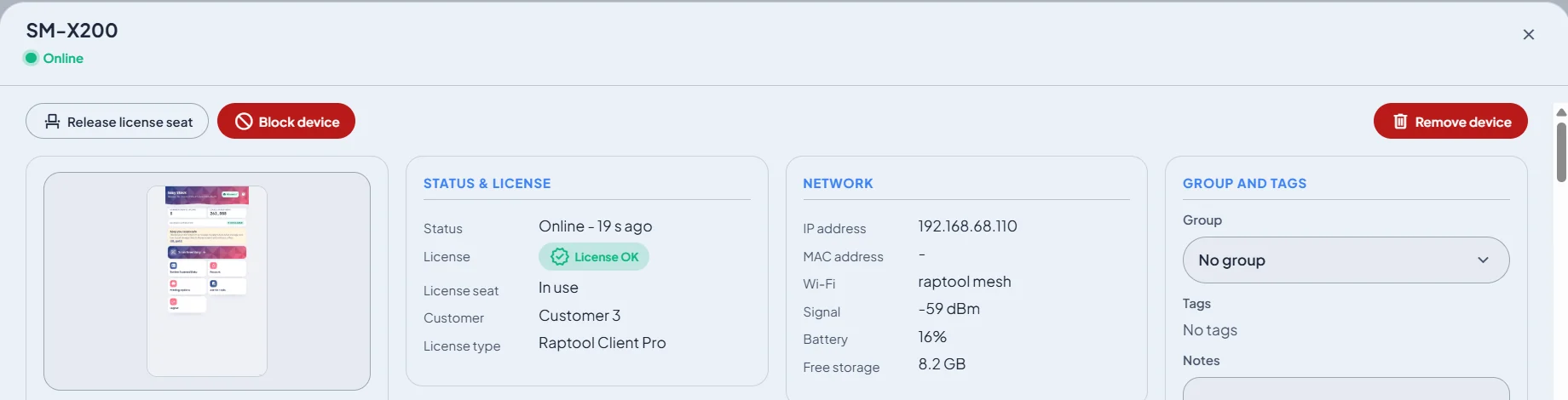 Device details with block device, release licence seat and remove device