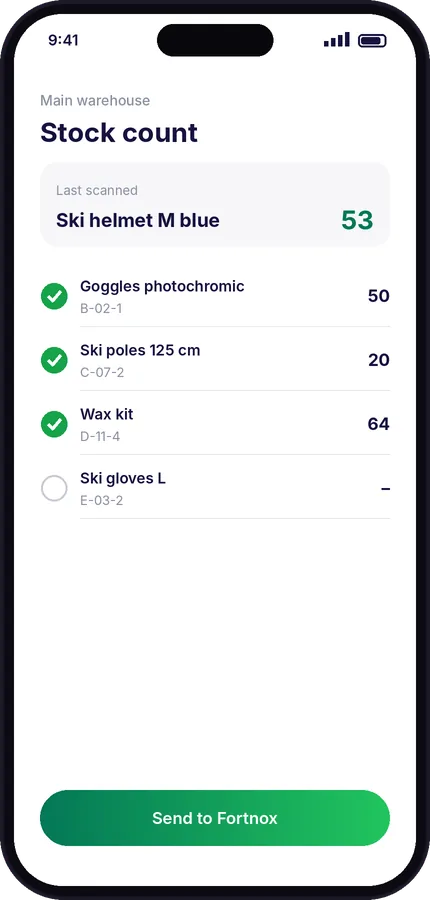 Inventur-App, die Zählungen an Fortnox sendet