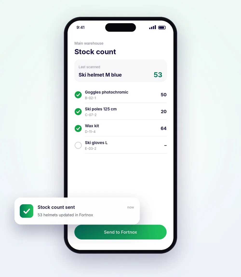 Inventur-App mit einem an Fortnox gesendeten Update