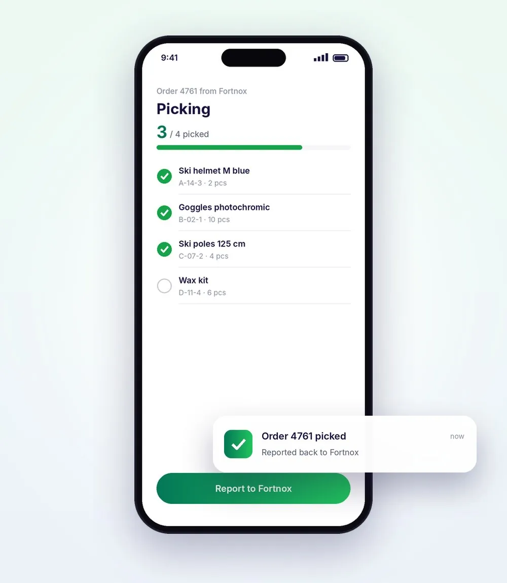 Kommissionier-App, die einen Auftrag an Fortnox zurückmeldet