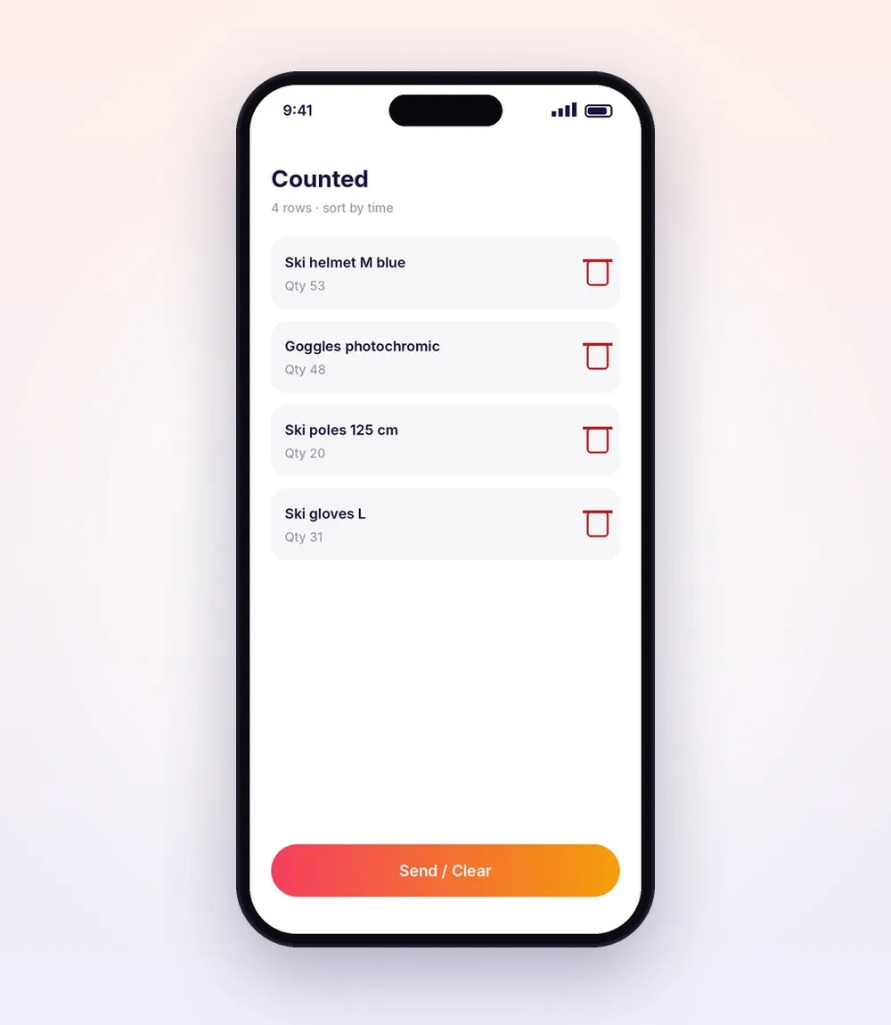Counted list with quantities and delete buttons