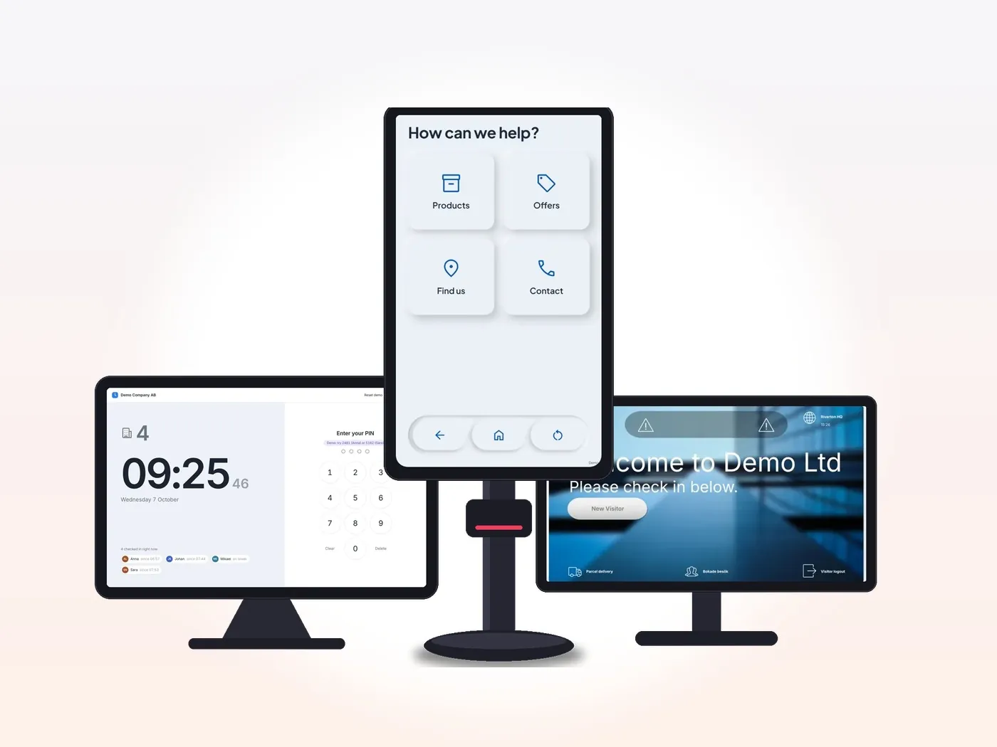 Application Raptool Kiosk sur une borne sur pied, un écran et une tablette