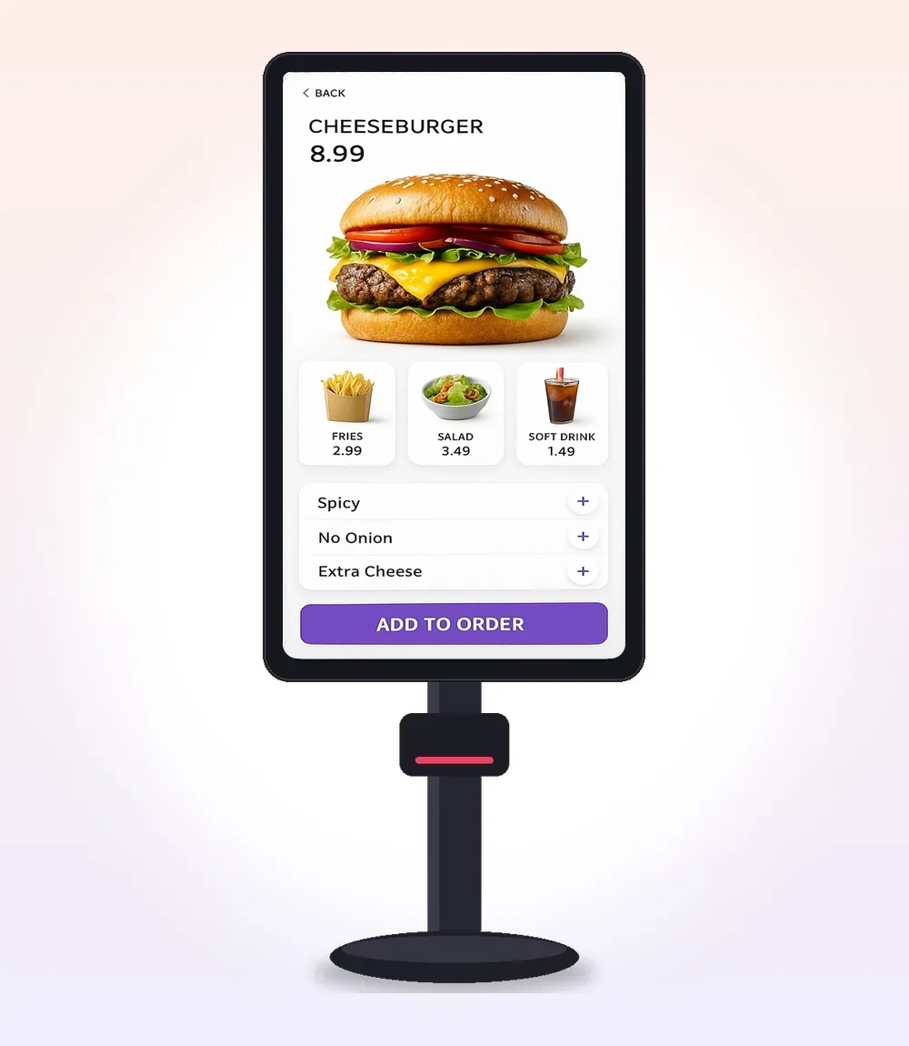 Borne sur pied affichant un écran de commande à emporter : cheeseburger, frites, salade et boisson gazeuse, avec Add to order