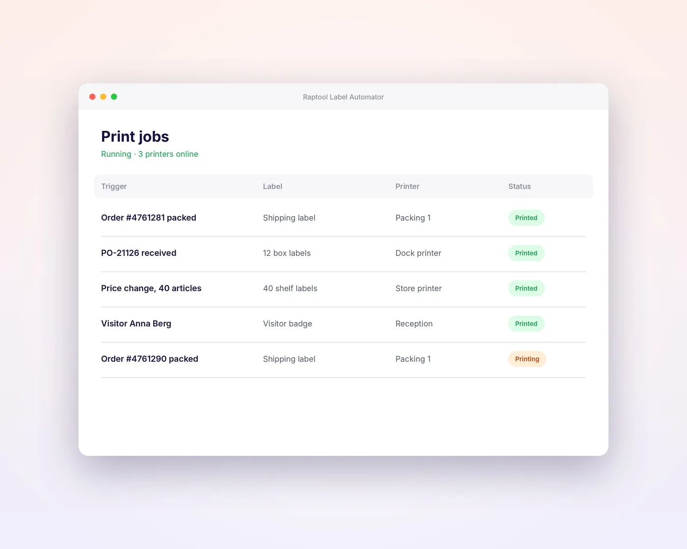 Label Automator print job list