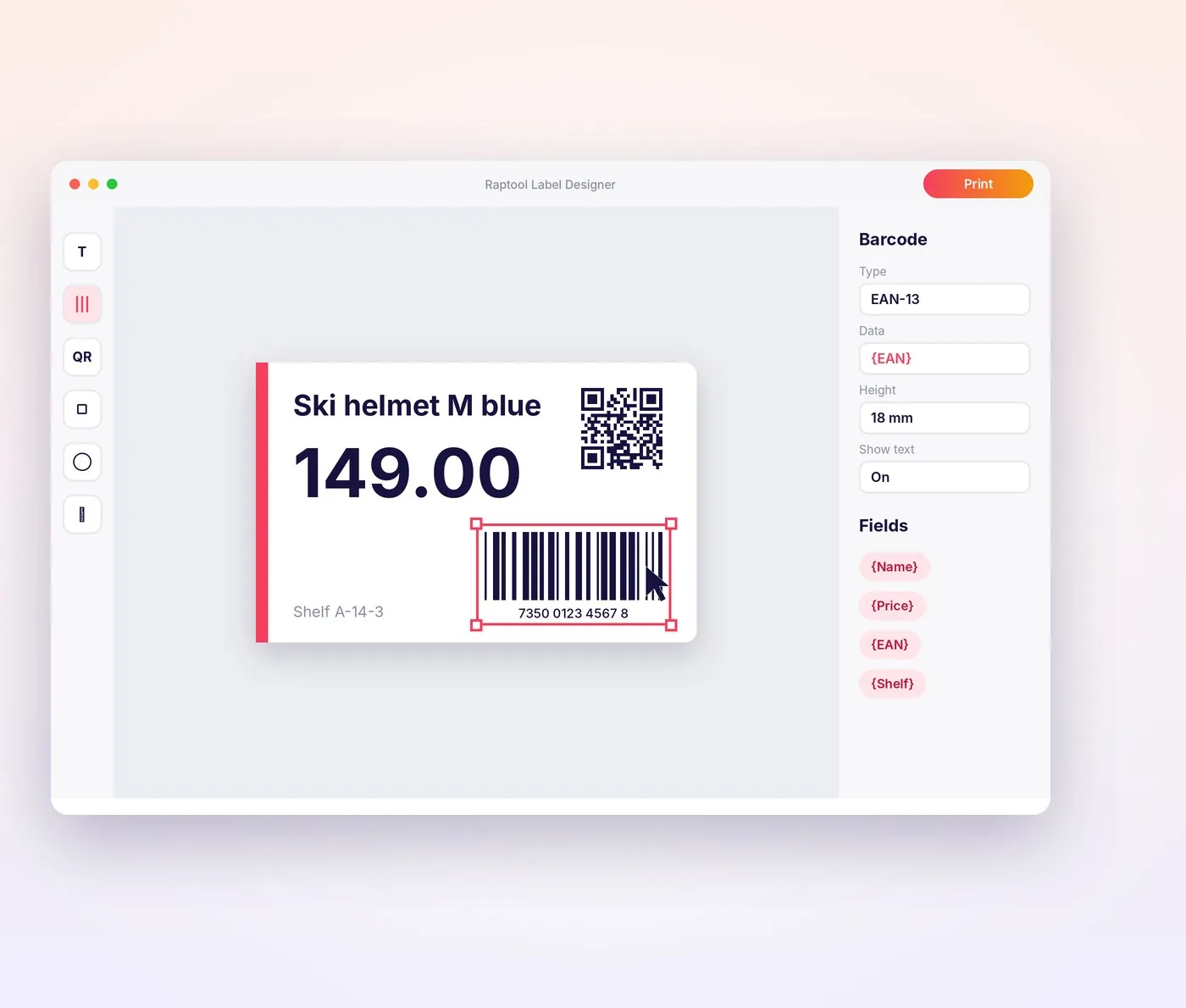 Raptool Label Designer with a shelf label and barcode settings