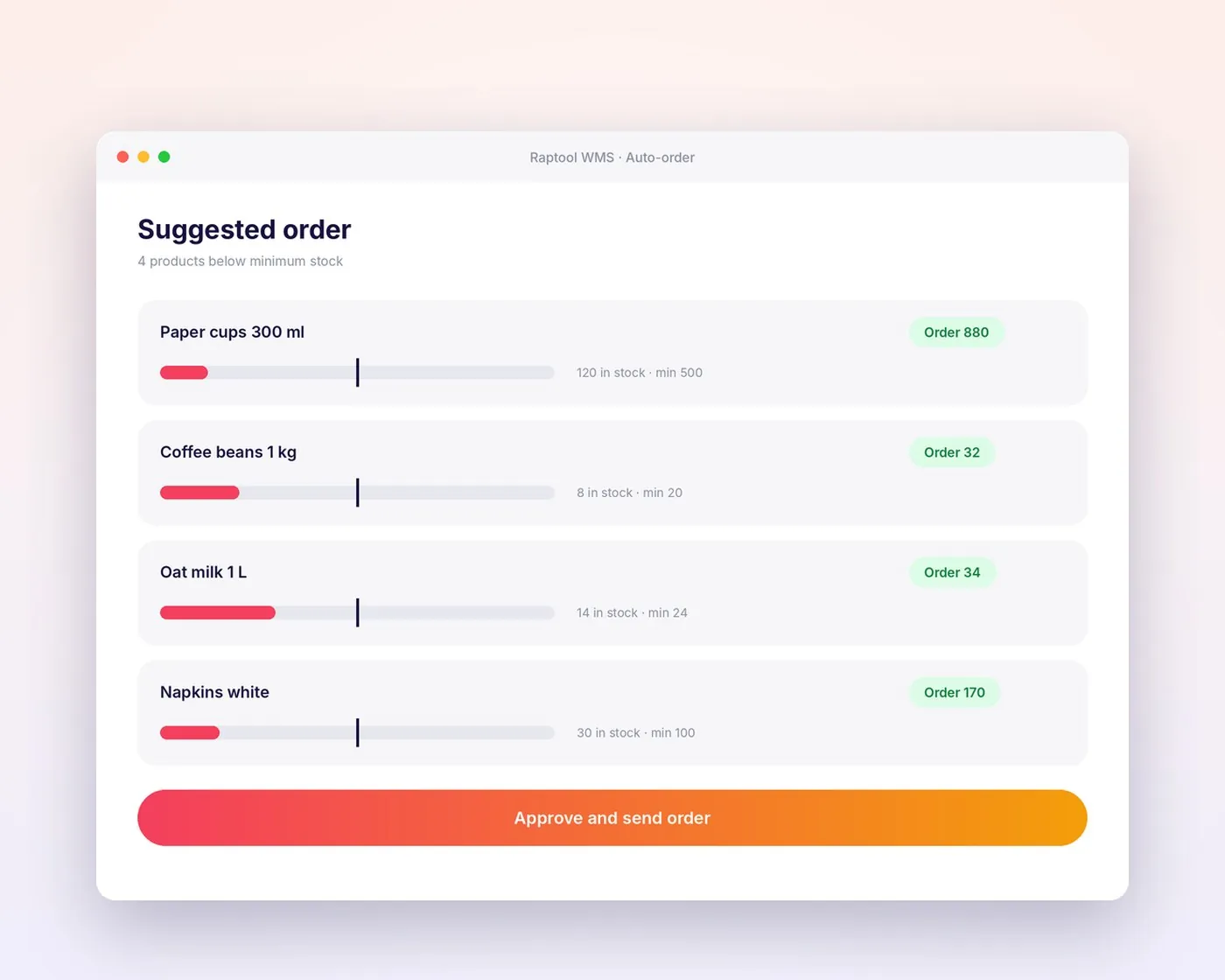 Raptool WMS suggesting products to order when stock is low