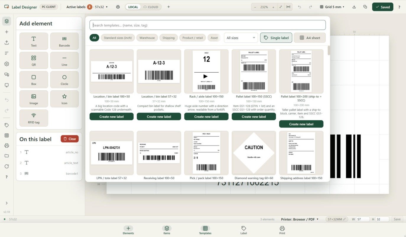 Label templates for bins, racks and pallets