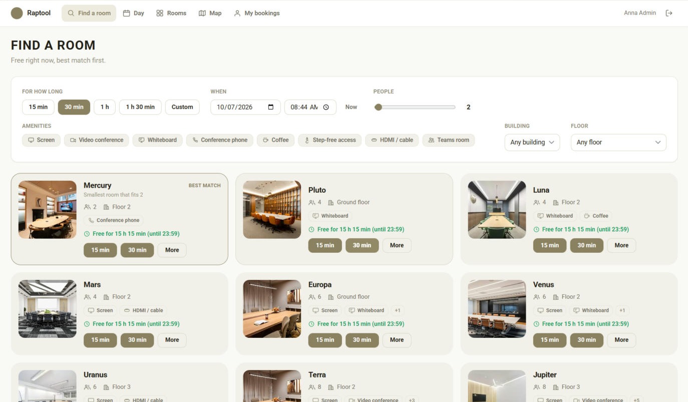 Find a room screen with room cards