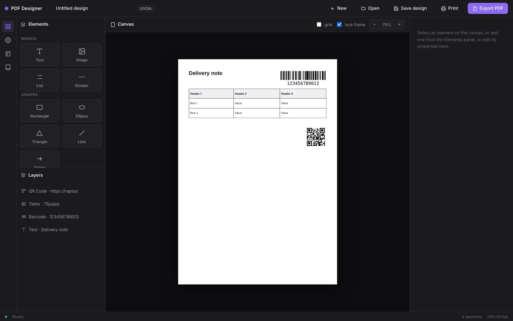 PDF Designer canvas with a delivery note