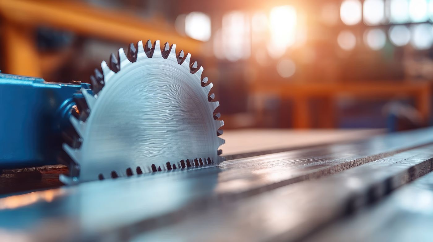 Saw blade cutting material in a workshop