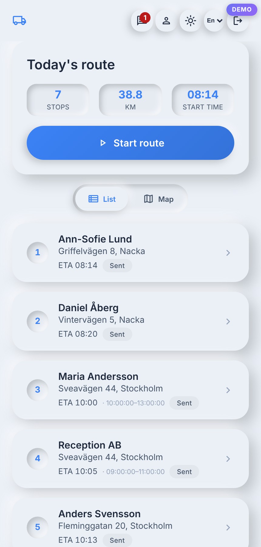 Raptool TMS driver app with today's route