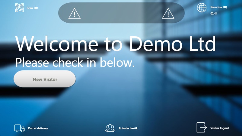 Visitor kiosk welcome screen inside the demo page
