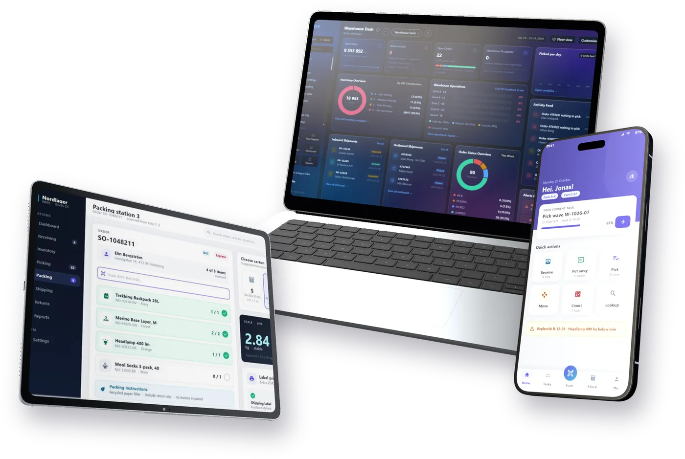 Raptool-appar på en bärbar dator, en surfplatta och en mobil: WMS-dashboard, en WMS-packstation och startskärmen för WMS på handdator