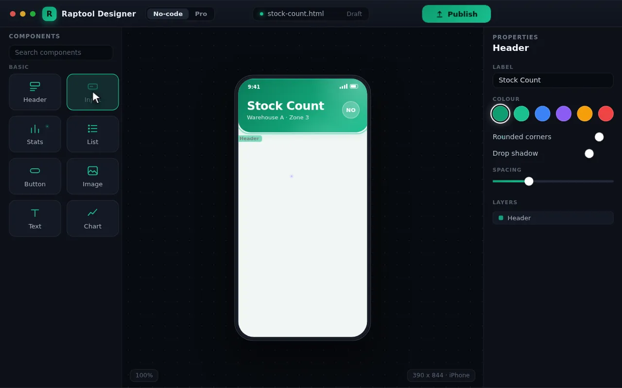 Raptool Designer building an app