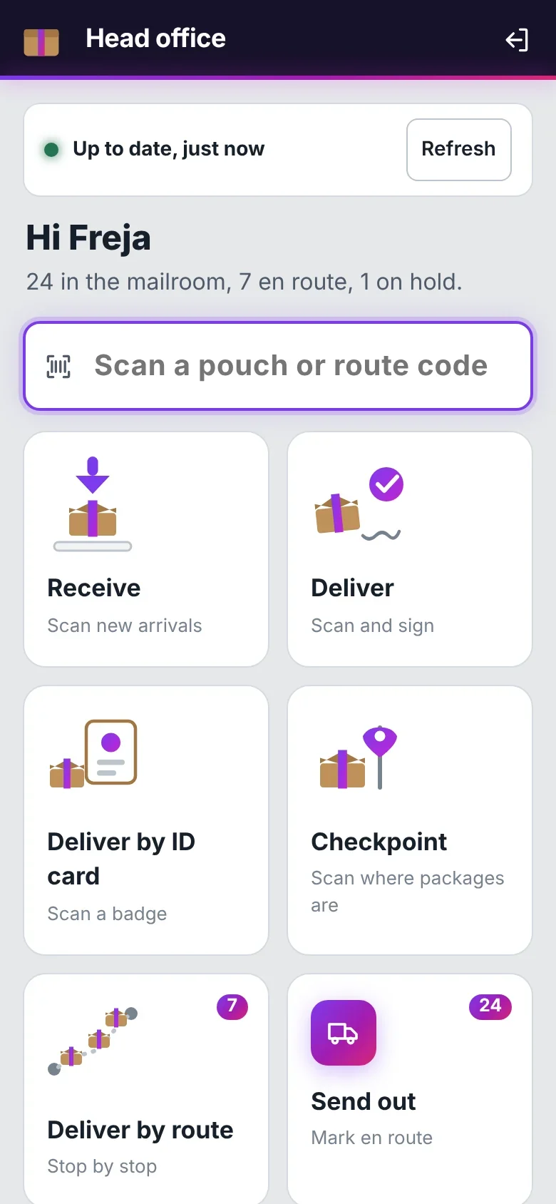 Parcel app screen: mailroom home with Receive, Deliver and Send out