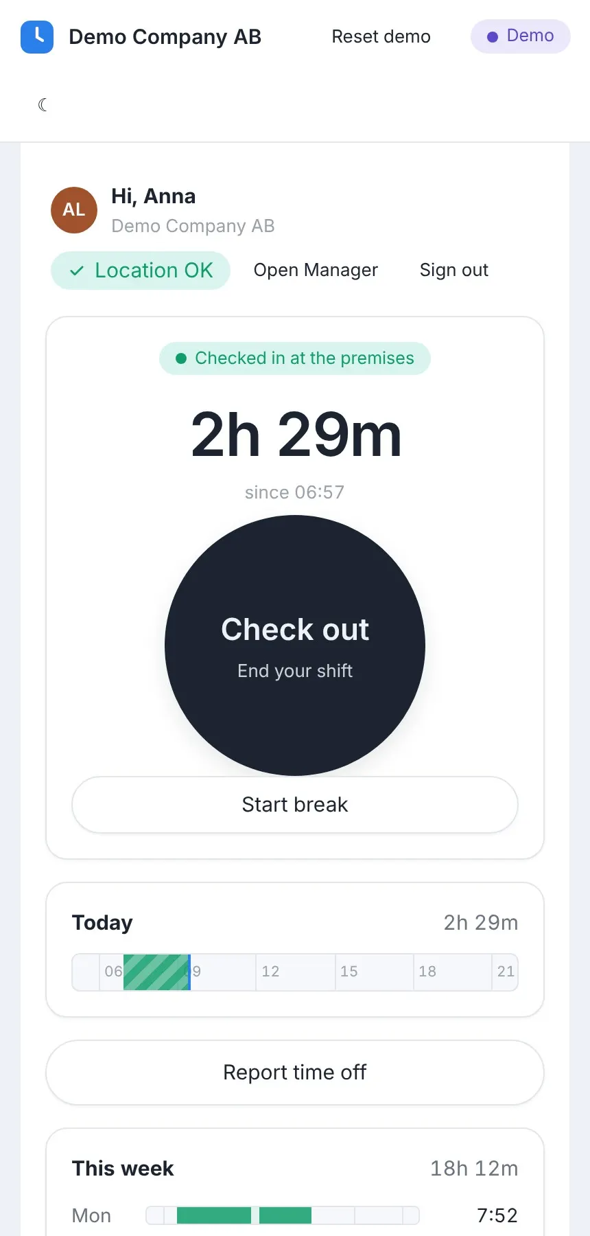 Time & attendance app screen