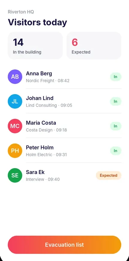 Visitor system app screen