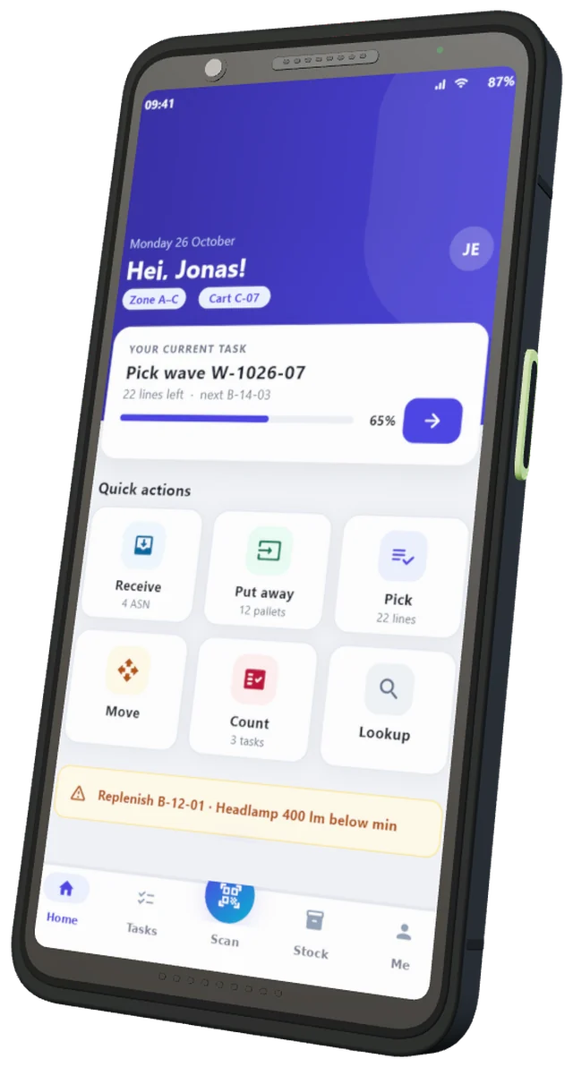 Rugged mobile device running WMS: Raptool WMS handheld home screen with the current pick task and quick actions