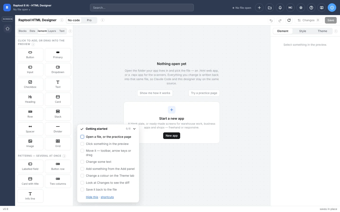 Startscreen des Raptool 8 HTML Designer