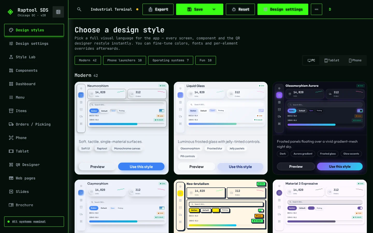 The design styles library in the Style Studio