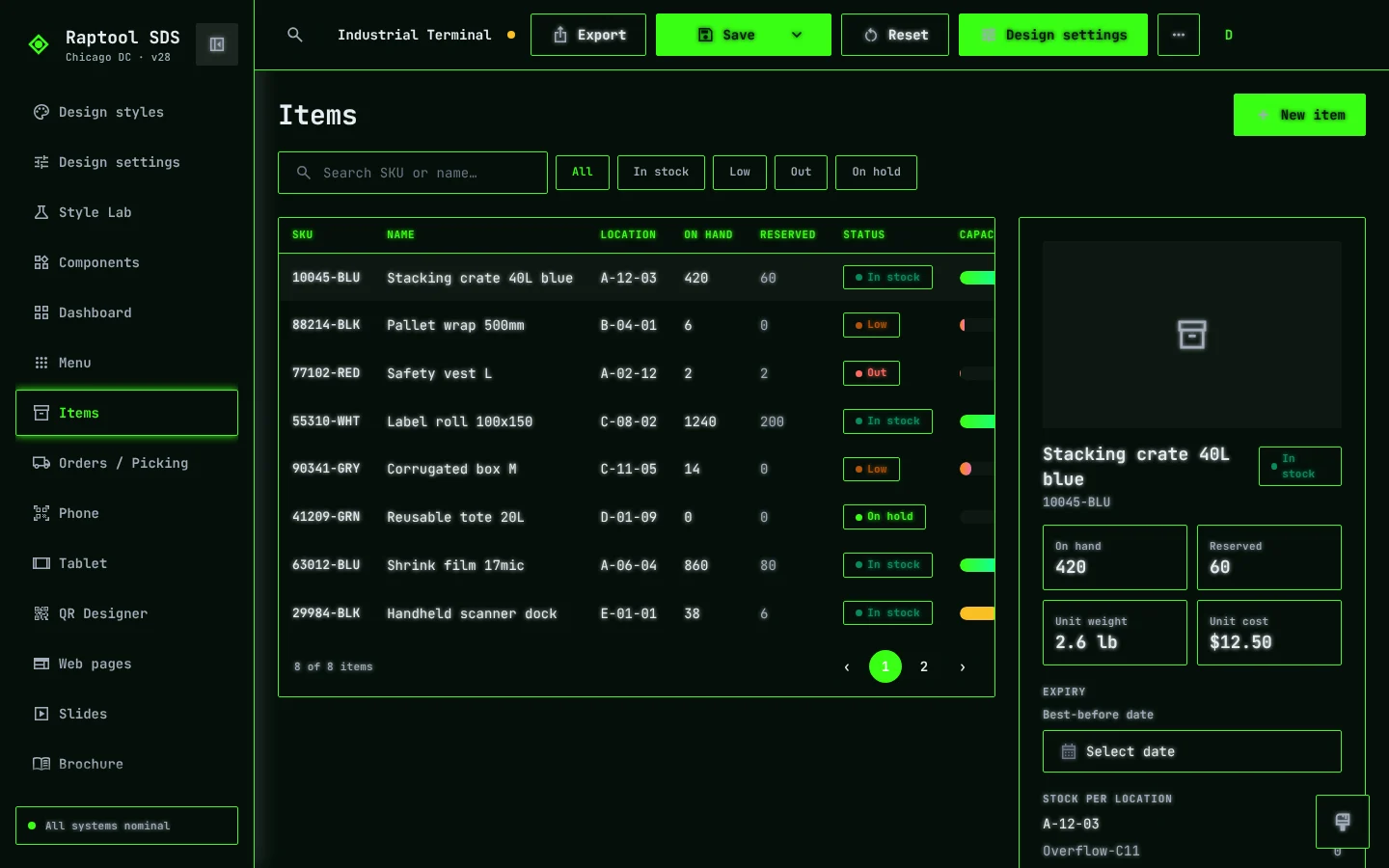 An items screen styled in the chosen design