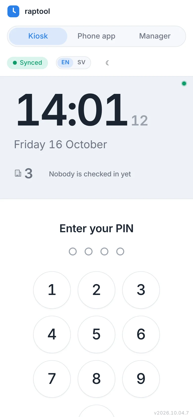 Time and attendance PIN screen running in the Raptool Client on a phone