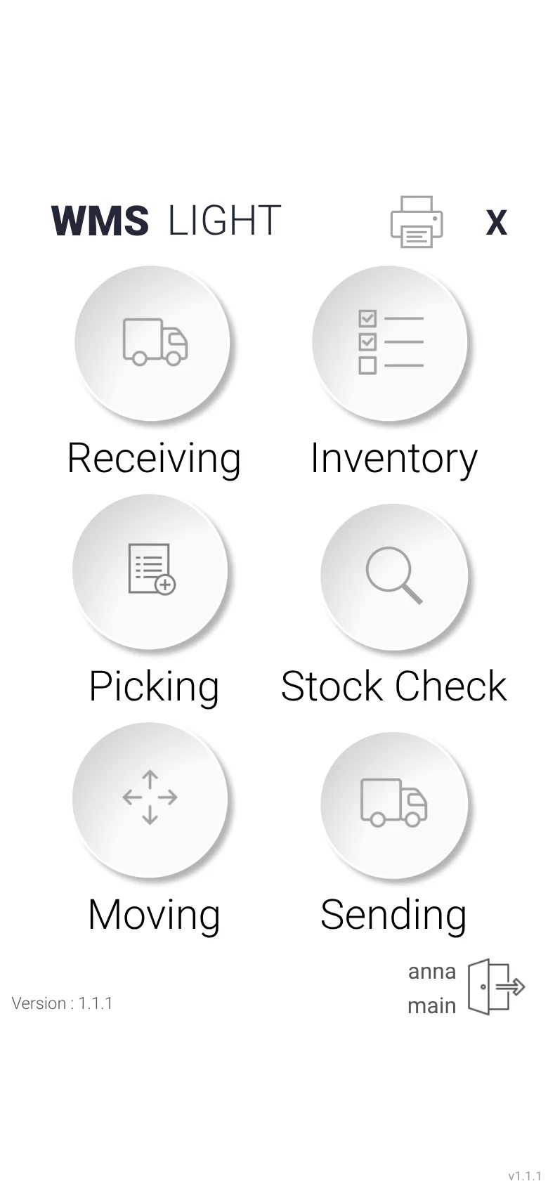 Warehouse app menu running in the Raptool Client on a phone