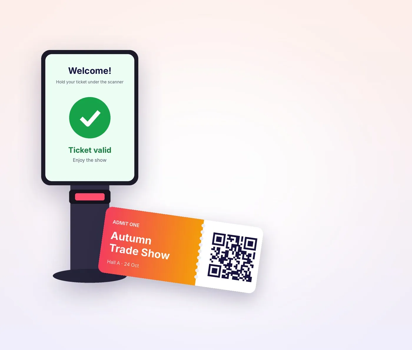 Borne de scan affichant un billet valide à côté d'un billet d'événement